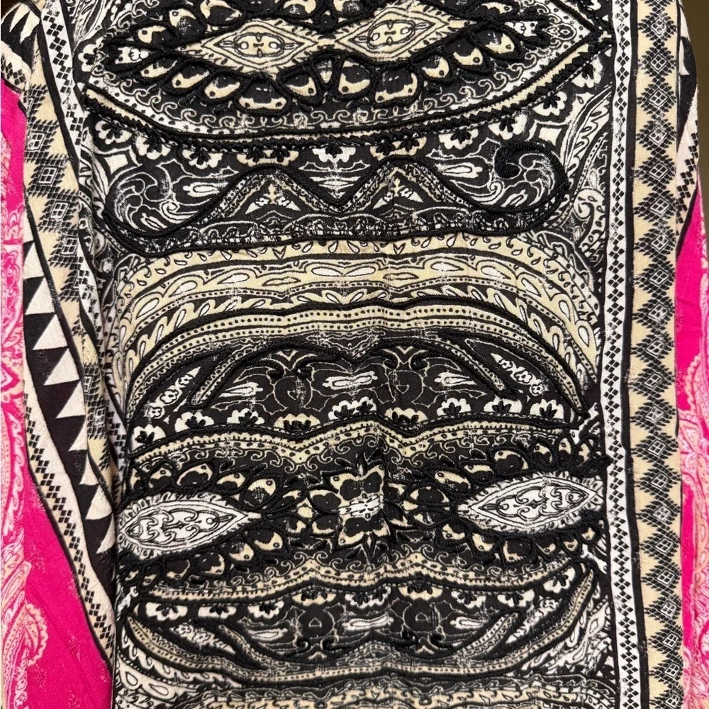 Boho Embroidered Kimono Wrap Cardigan – Black Pink Paisley Tribal Print One size